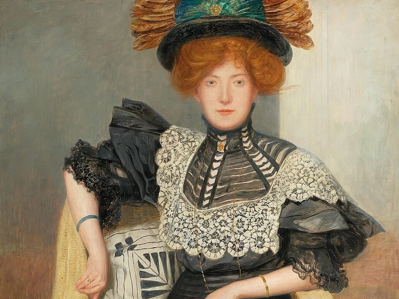 1857-Friedrich König - Ritratto di signora con camicetta di pizzo e cappello piumato